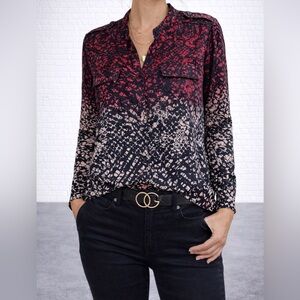 Abstract Print Button Up Blouse Red Black Ombre Utility Style Long Sleeve Top